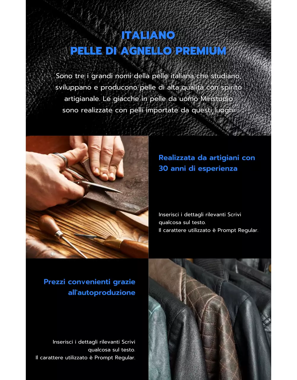 Negozio di giacche di pelle con layout di immagine nero e blu