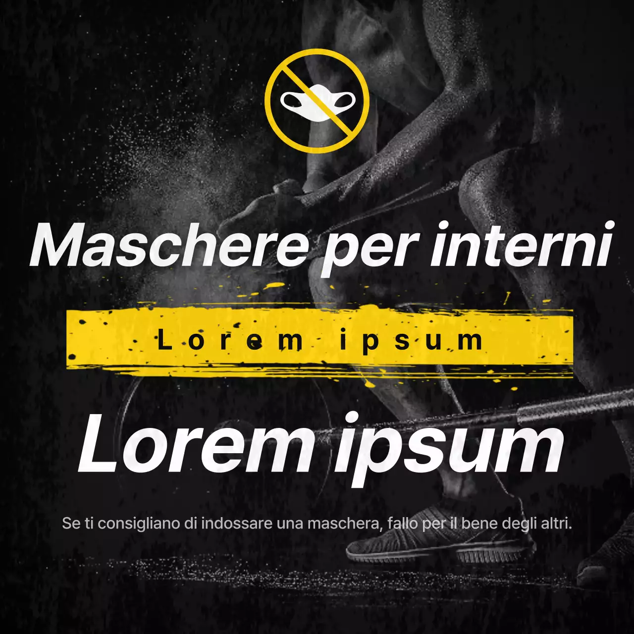 Tema di annuncio dinamico per la rimozione della maschera da palestra con accenti gialli su sfondo nero