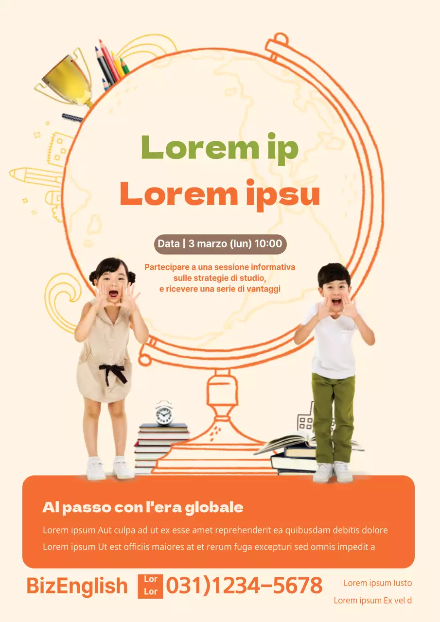 Simpatico volantino arancione per una scuola di lingua inglese