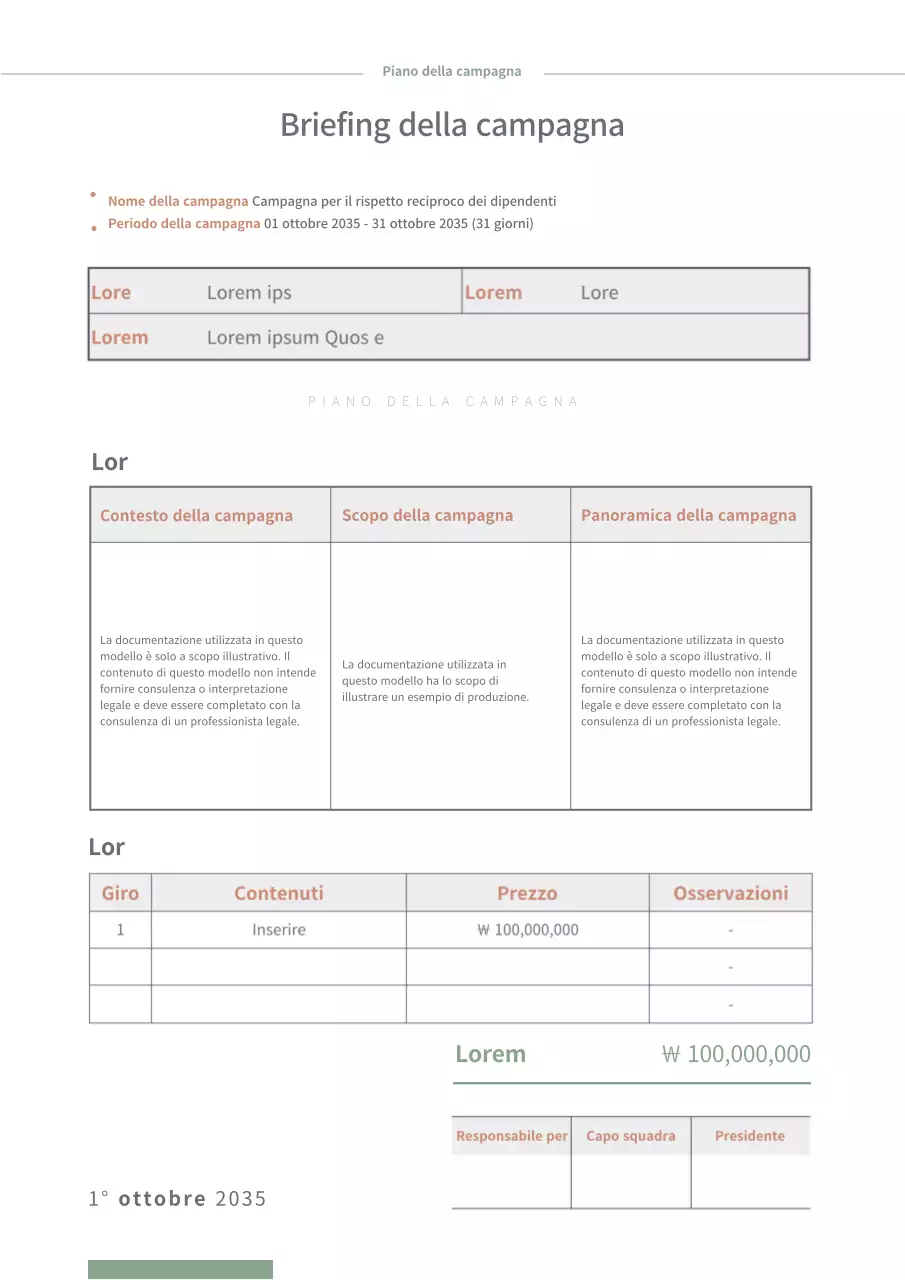 Piano della campagna in verde con formattazione tabellare in marrone