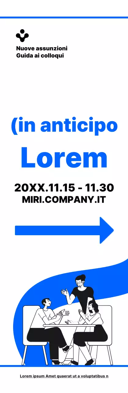 Stile illustrativo semplice in blu e nero con indicazioni per il luogo del colloquio di reclutamento