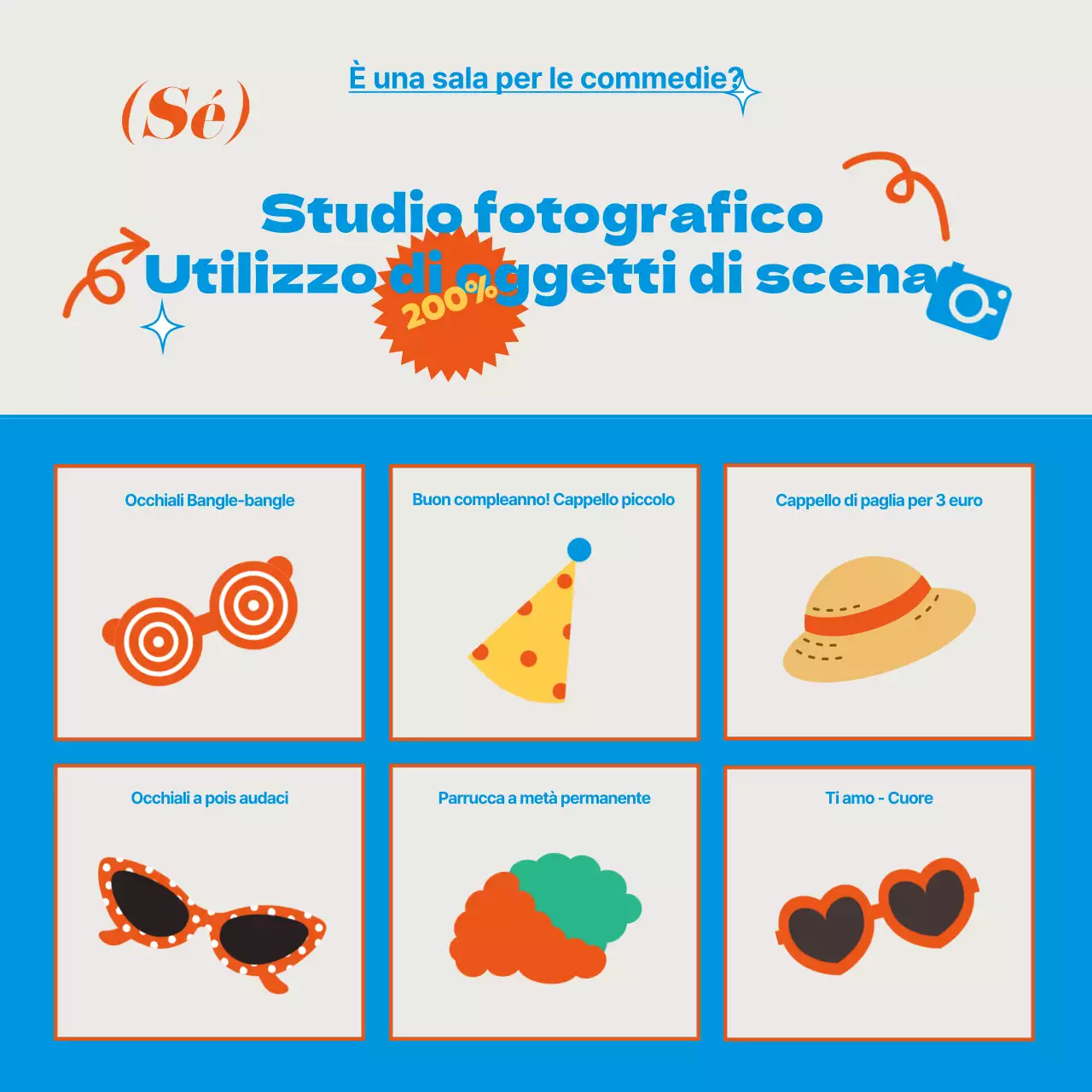 Uno schema di colori blu-rosso fresco e vivace con oggetti di scena da studio fotografico