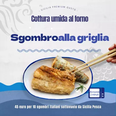 Pubblicità dello sgombro spagnolo dell'isola di Jeju alla griglia, nella sua colorazione naturale blu e grigia.