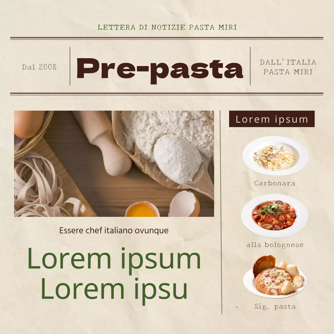 Promuovere il nuovo menu del Pasta Meal Kit con un'atmosfera beige e vintage.
