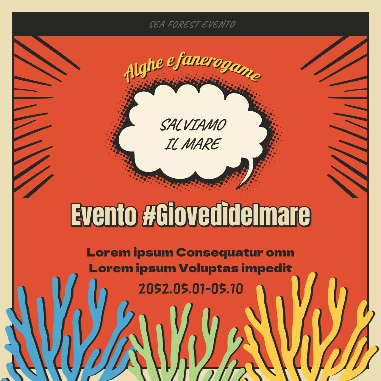 Concetto di cartone animato foresta marina e alghe in rosso e nero