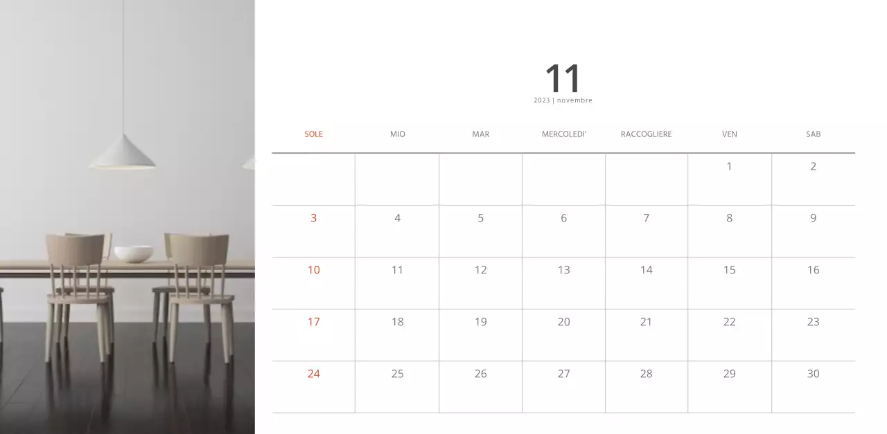 Calendario di interior design in stile bianco e pulito
