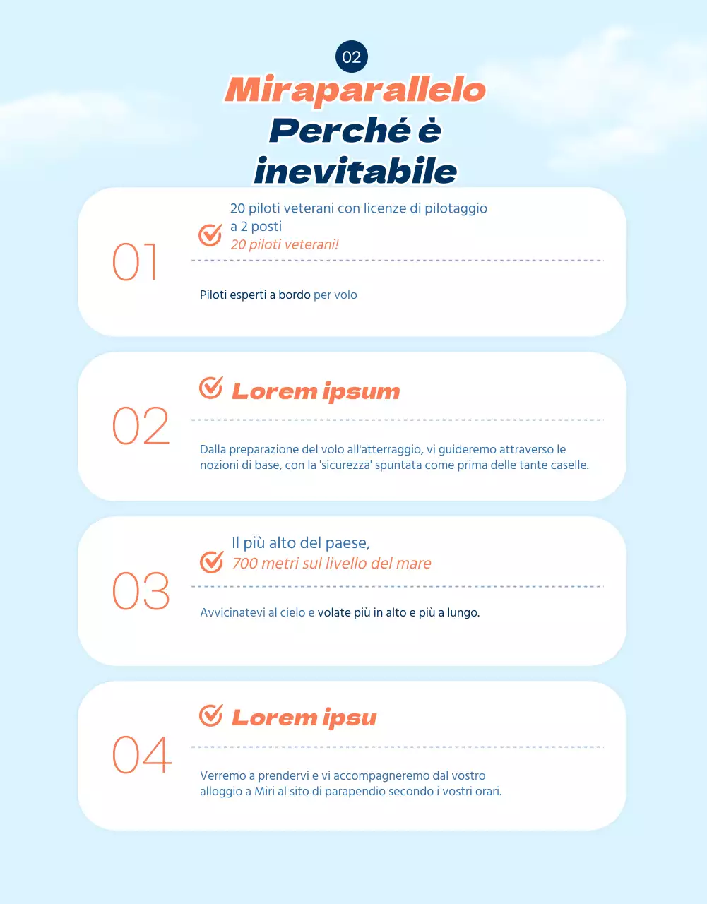 Pagina di dettaglio del parapendio con accenti arancioni in SkyConcept