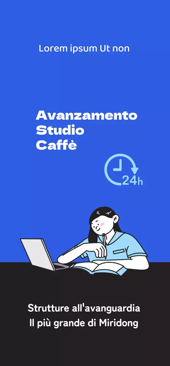 Promuovete un bar per lo studio pulito con l'illustrazione di uno studente che studia su uno sfondo blu.