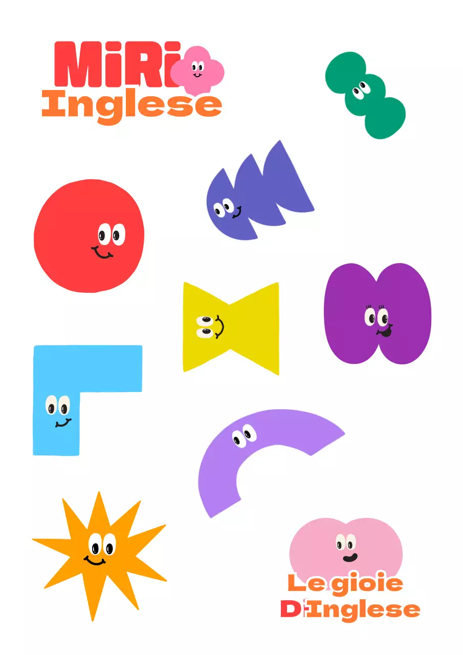 Simpatici adesivi promozionali con testo preinglese colorato e personaggi illustrati.