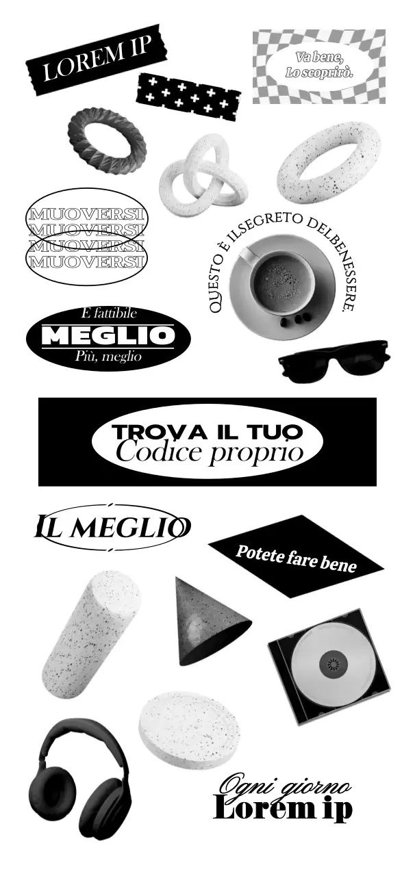 Vari oggetti e testi in un concetto di moda in bianco e nero