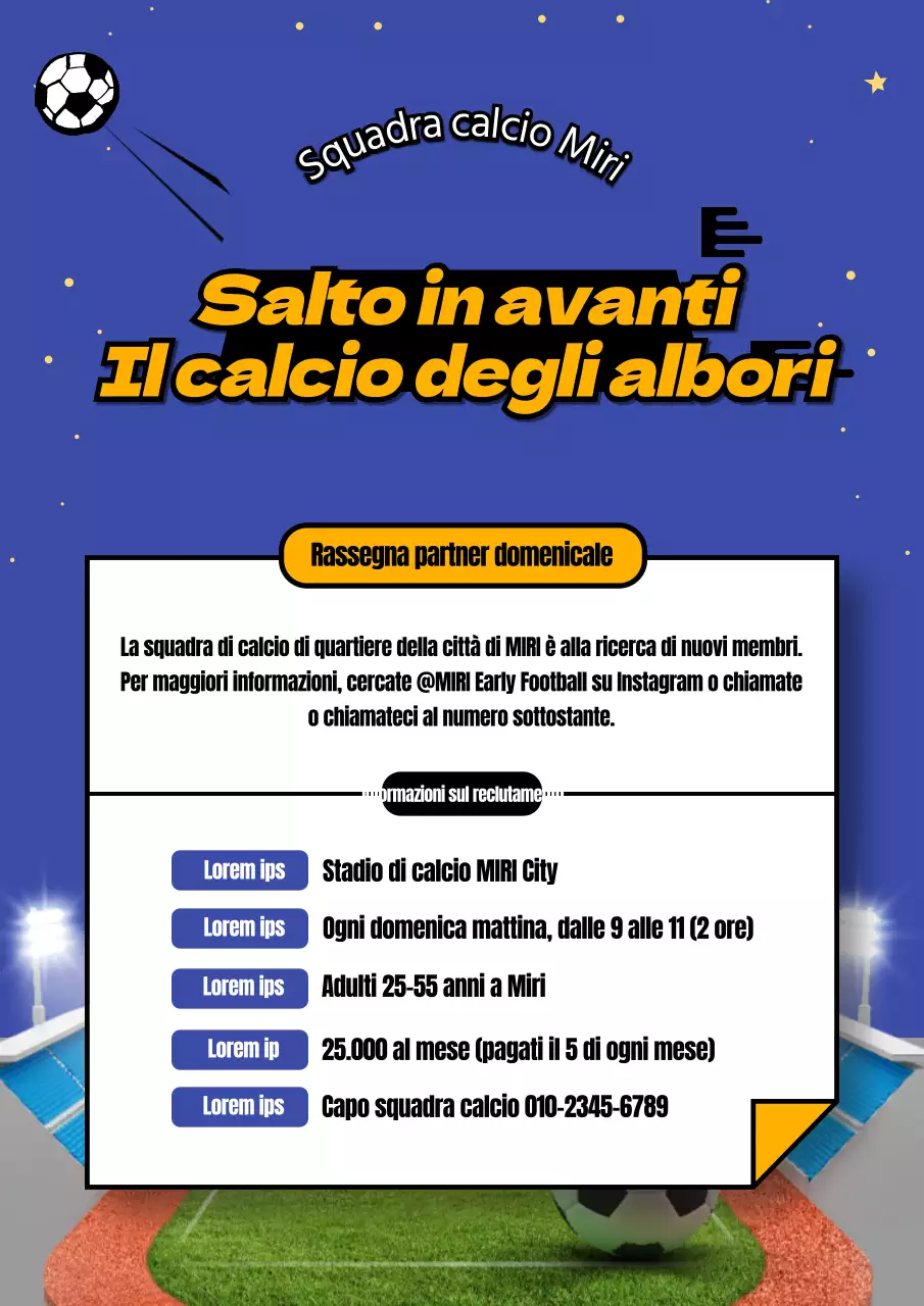 Poster di reclutamento per il calcio precoce blu e giallo