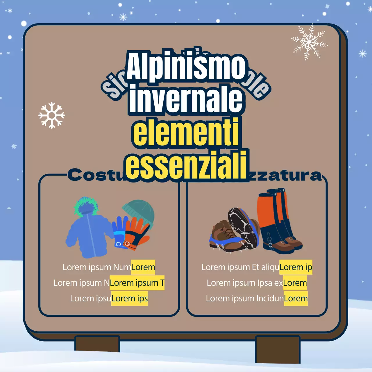 Sicurezza in montagna d'inverno con cartelli marroni e azzurri