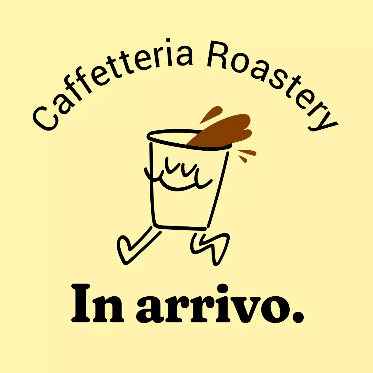 Insegna calda e accogliente in giallo chiaro e nero, con testo relativo al caffè e illustrazioni di personaggi a forma di caffè.