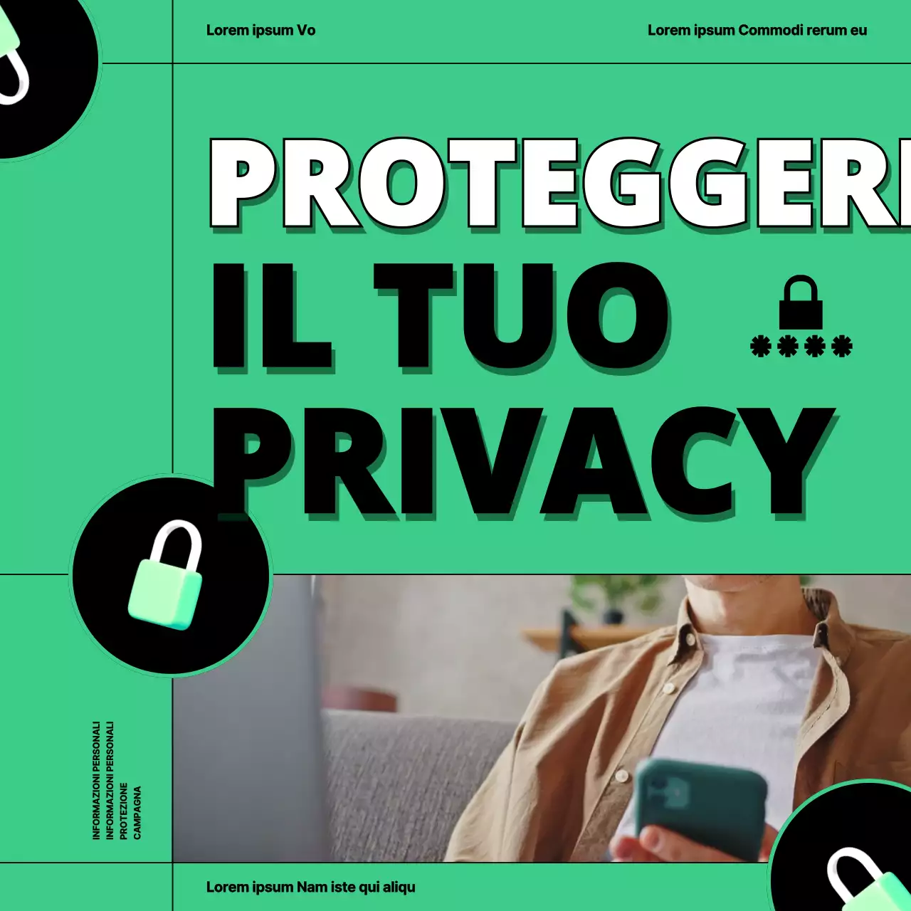 Una campagna privacy gotica in bianco e nero con sfondo color menta e testo di facile lettura.