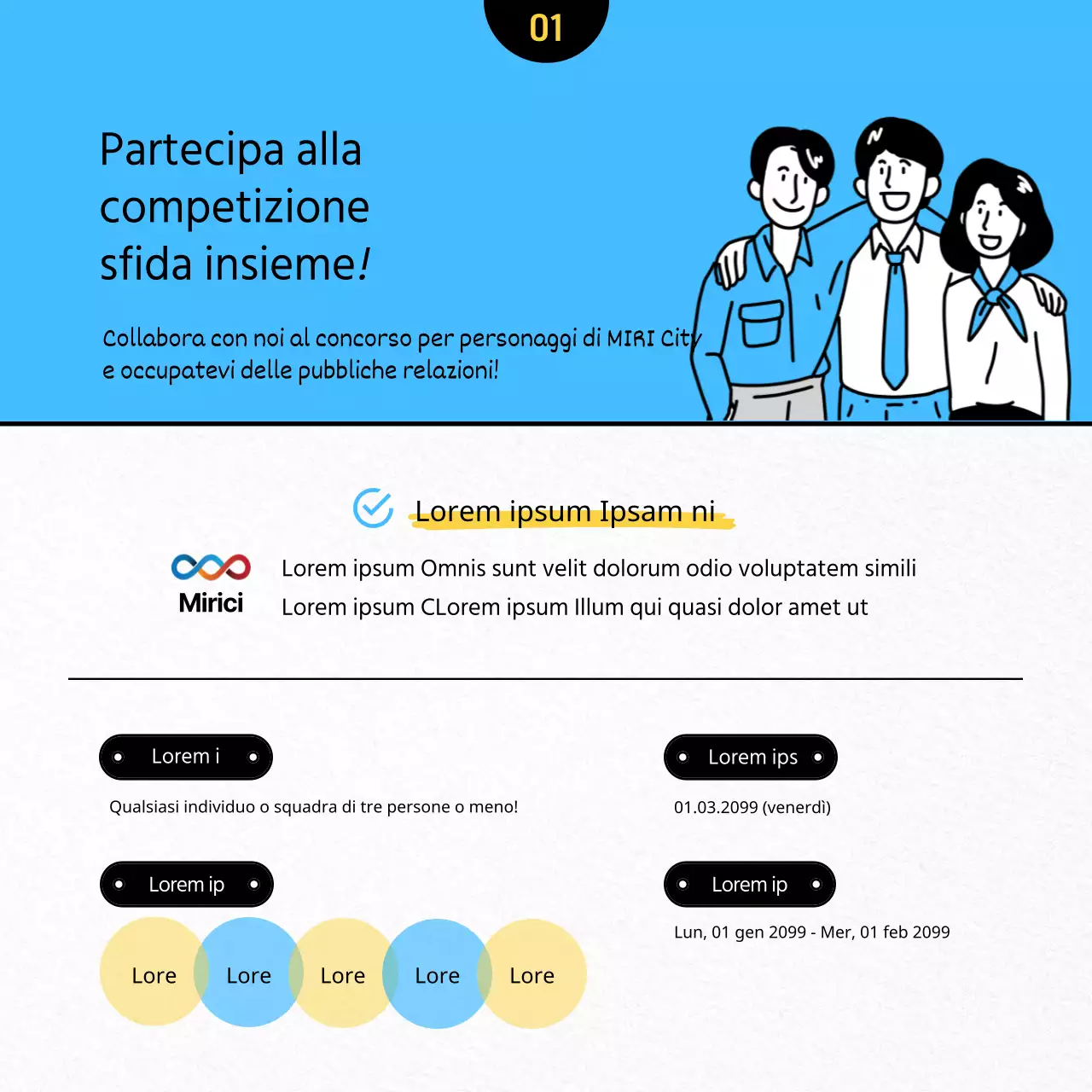 Cercasi membri del team per un concorso di illustrazione pulita e di colore blu chiaro