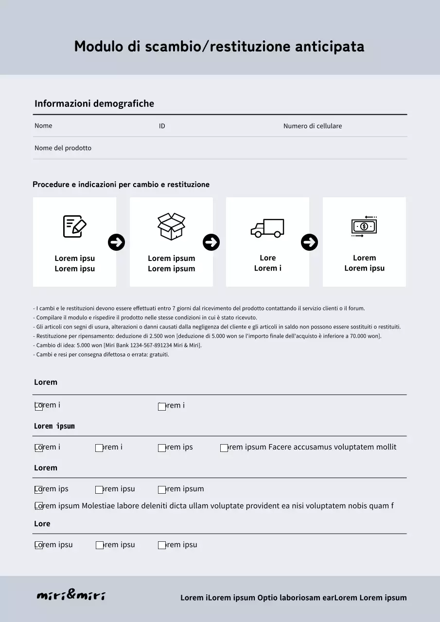 Modulo di restituzione blu e pulito