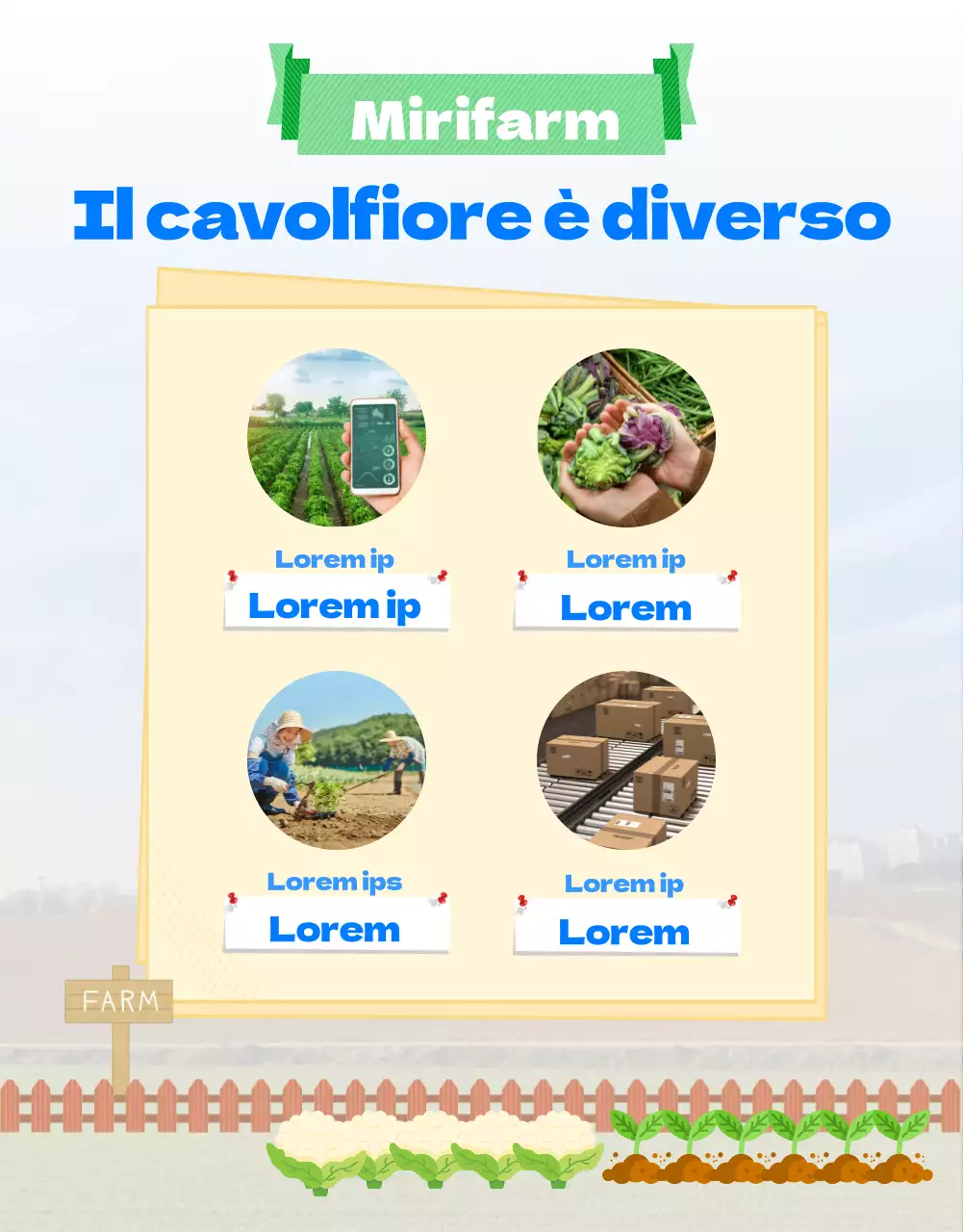 Guida a una fattoria di cavolfiori con un simpatico tema illustrativo blu-verde