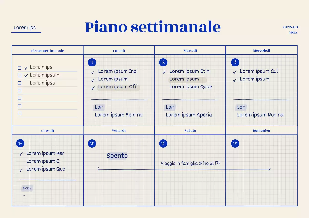 Buona nota Settimanale con concetto di griglia blu