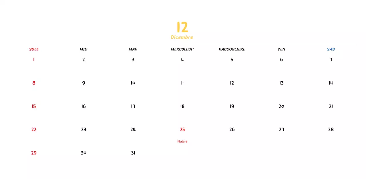 Calendario di Capodanno con simpatiche illustrazioni al tratto