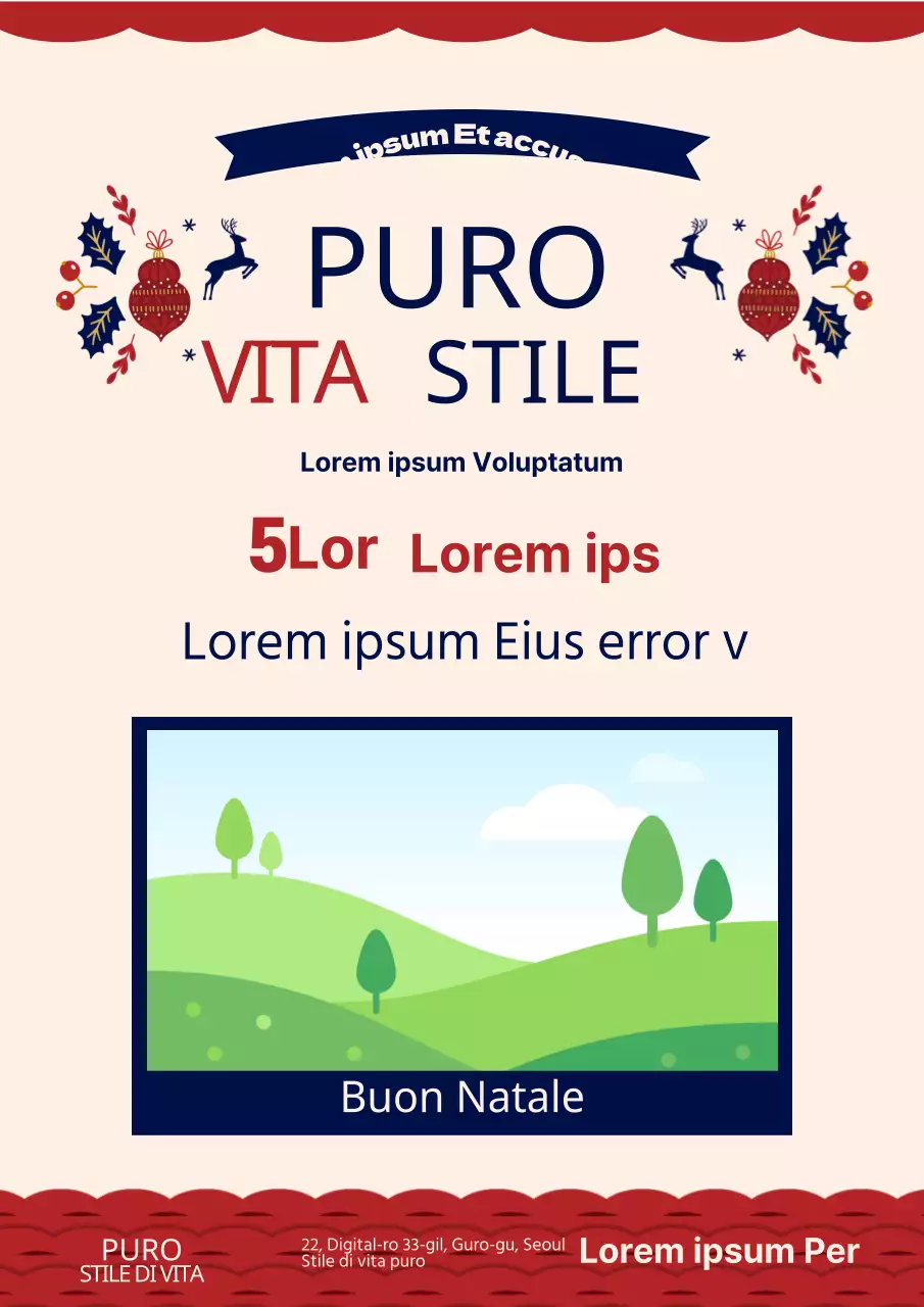 Promuovete un evento di anniversario con un'illustrazione di decorazioni natalizie color avorio e rosse