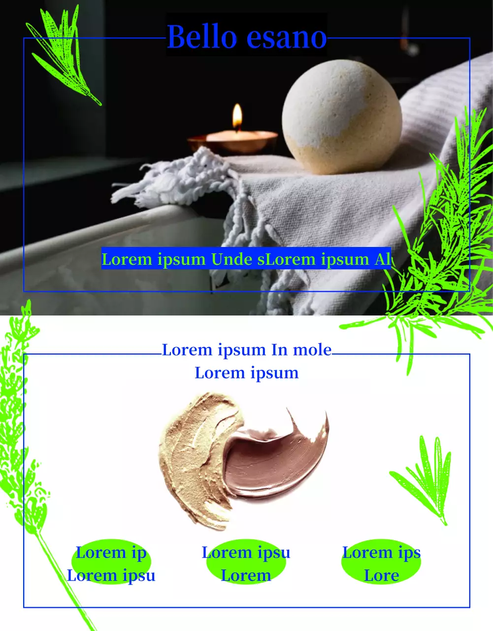 Bagnoschiuma pre-naturale con disegno a linee di erbe in verde e blu neon