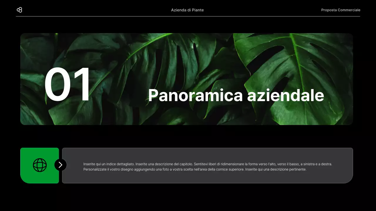 Proposta di business per un'attività commerciale con un concetto di foglia naturale nera e verde