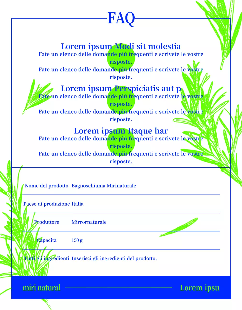 Bagnoschiuma pre-naturale con disegno a linee di erbe in verde e blu neon