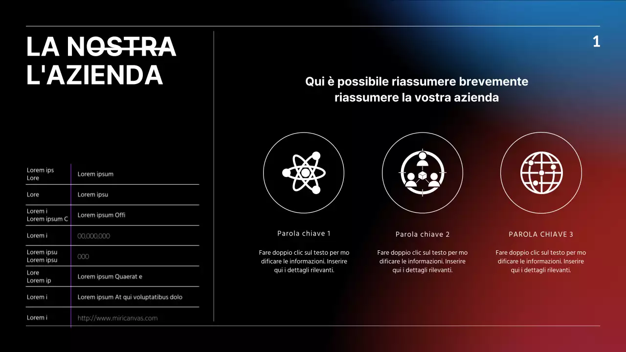 Presentazione IR con concetto di business nero, blu e rosso gradiente