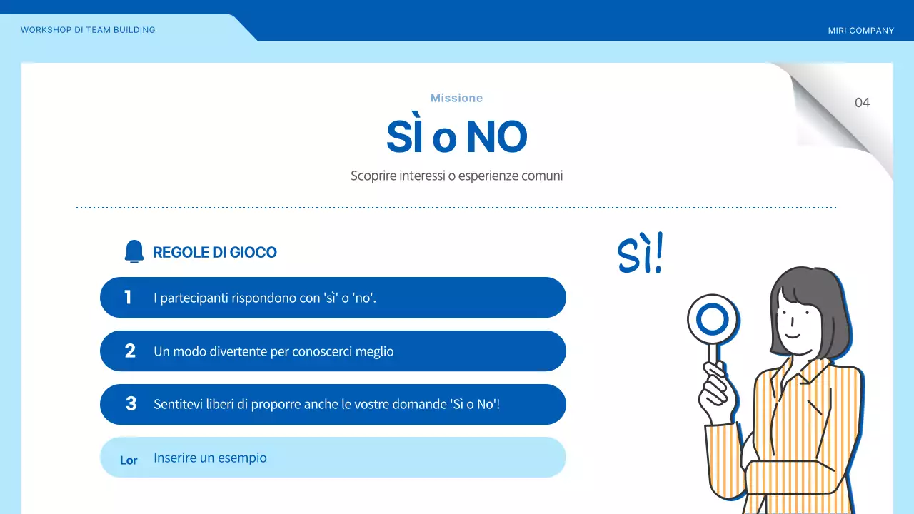 Laboratorio di team building che evidenzia le illustrazioni in blu e giallo