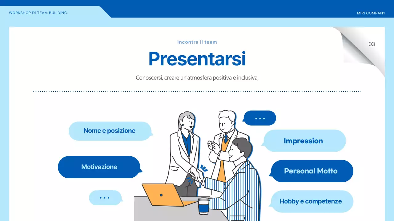 Laboratorio di team building che evidenzia le illustrazioni in blu e giallo