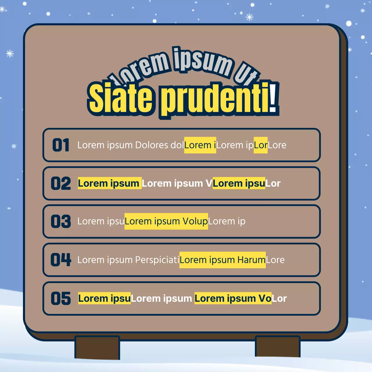 Sicurezza in montagna d'inverno con cartelli marroni e azzurri