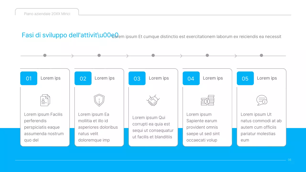 Una presentazione pulita del business plan dei contenuti culturali in bianco e blu