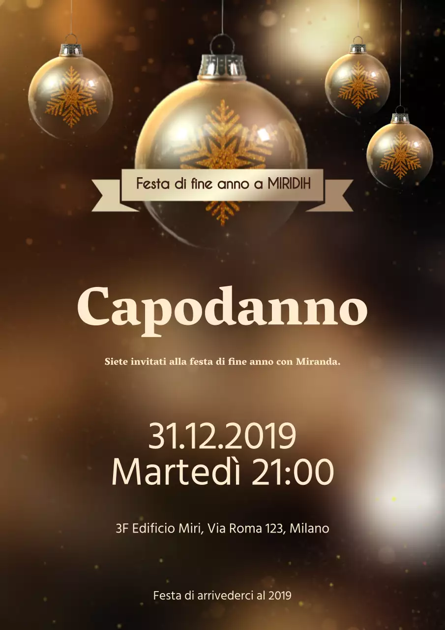 Un volantino per una festa aziendale di fine anno dai toni dorati.