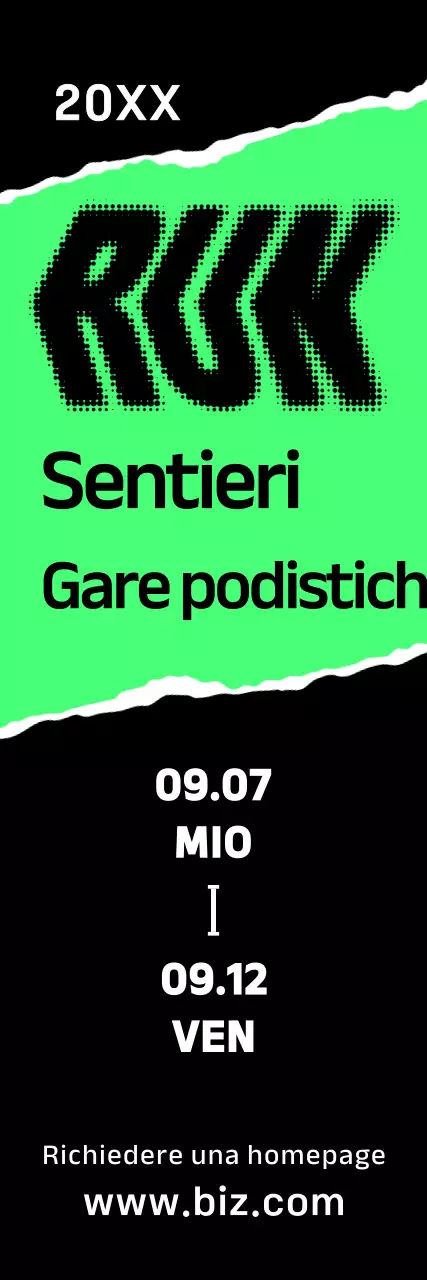 Un audace striscione promozionale della maratona con testi e illustrazioni in verde brillante, bianco e nero sulla gara.