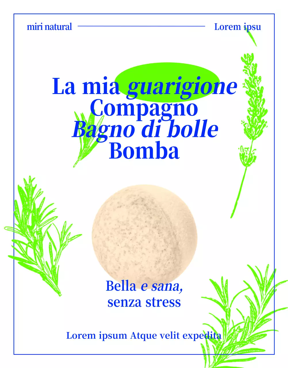 Bagnoschiuma pre-naturale con disegno a linee di erbe in verde e blu neon