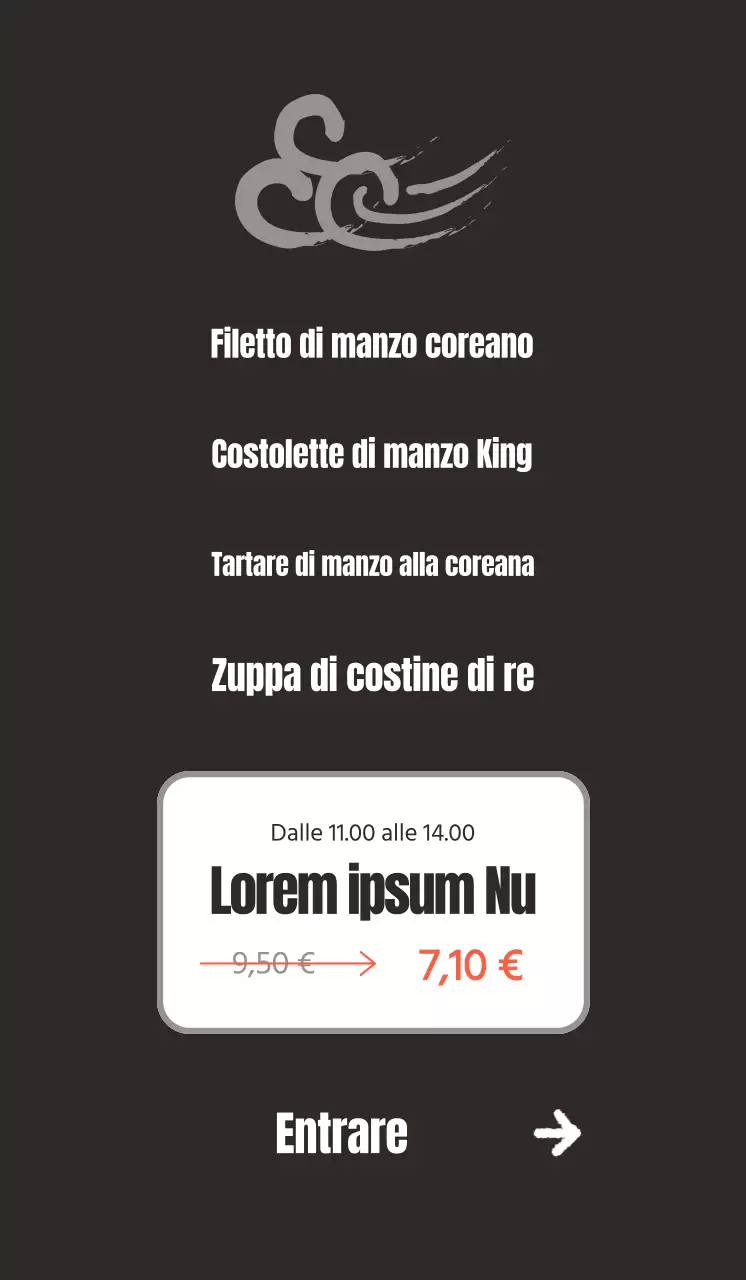 Promuovete un ristorante pulito di ispirazione coreana con immagini di carne coreana su sfondo nero.