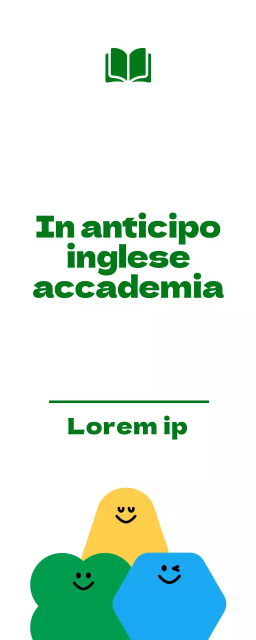 Per la promozione di una scuola di lingua inglese per studenti delle elementari con una simpatica illustrazione di un personaggio dei cartoni animati verde e giallo.