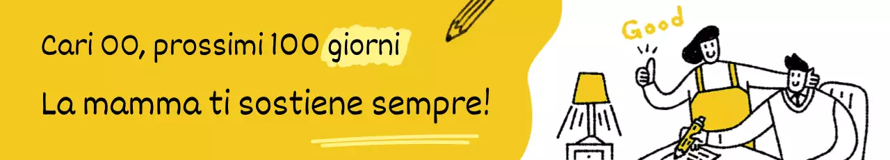 Esultanza per il SAT con illustrazione di madre e figlio su sfondo bianco e giallo