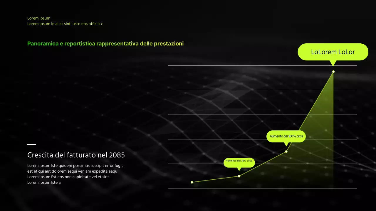 Presentazione aziendale infografica con tema sfumato nero e chartreuse