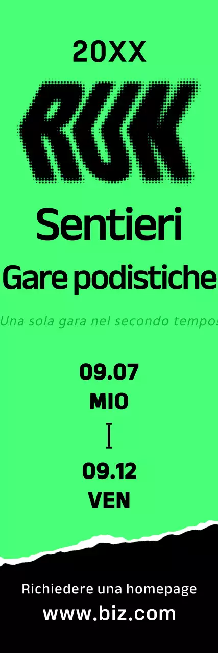 Un audace striscione promozionale della maratona con testi e illustrazioni in verde brillante, bianco e nero sulla gara.