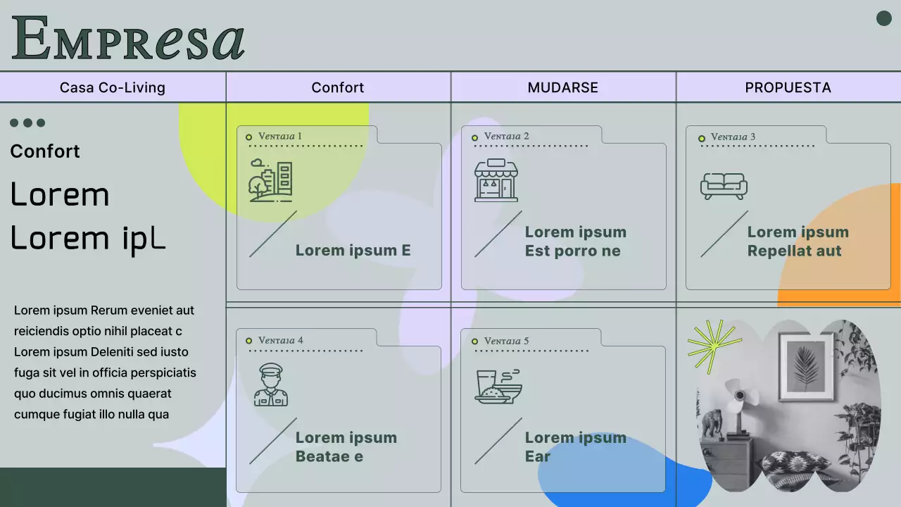 Propuesta de vivienda compartida con fotos y líneas verdes atenuadas