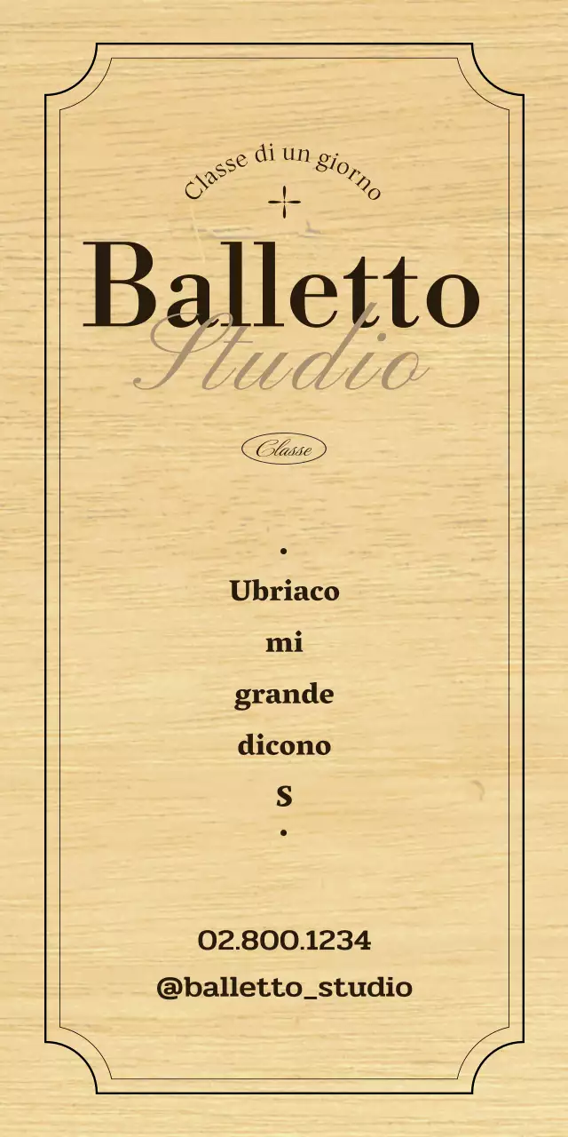 Classica insegna di una scuola di danza classica con testo e illustrazioni in nero e marrone.