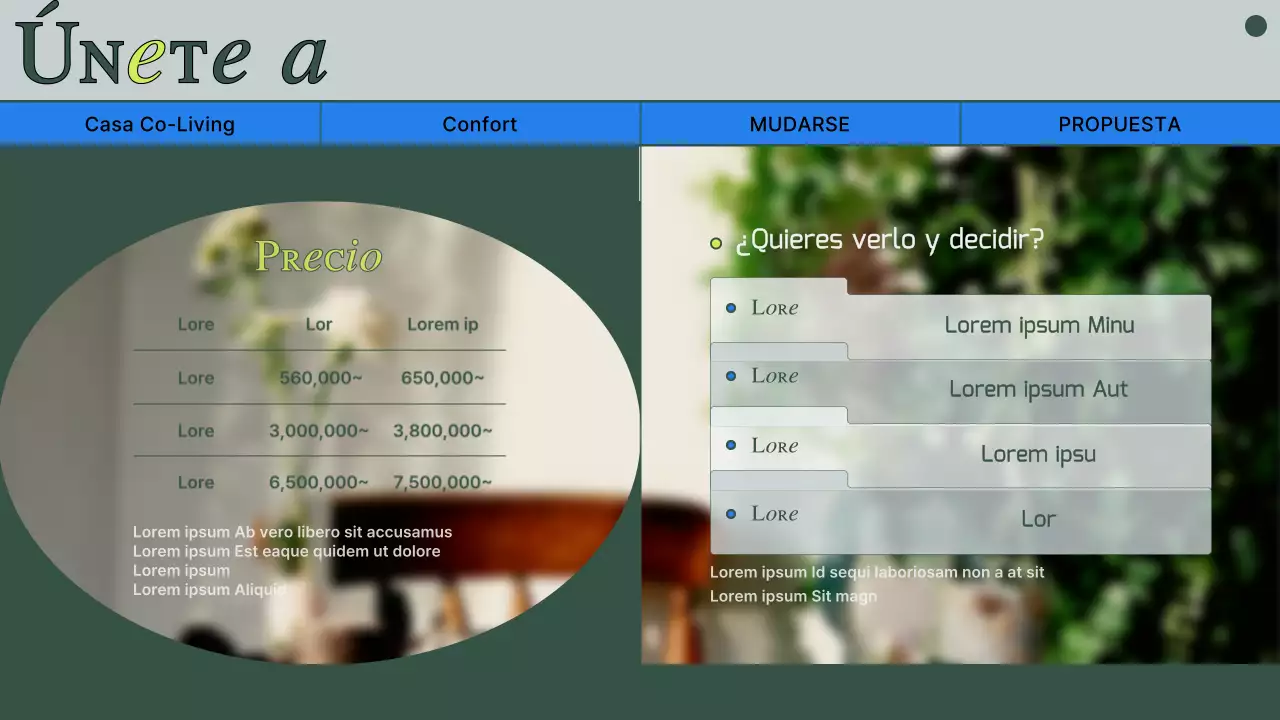 Propuesta de vivienda compartida con fotos y líneas verdes atenuadas
