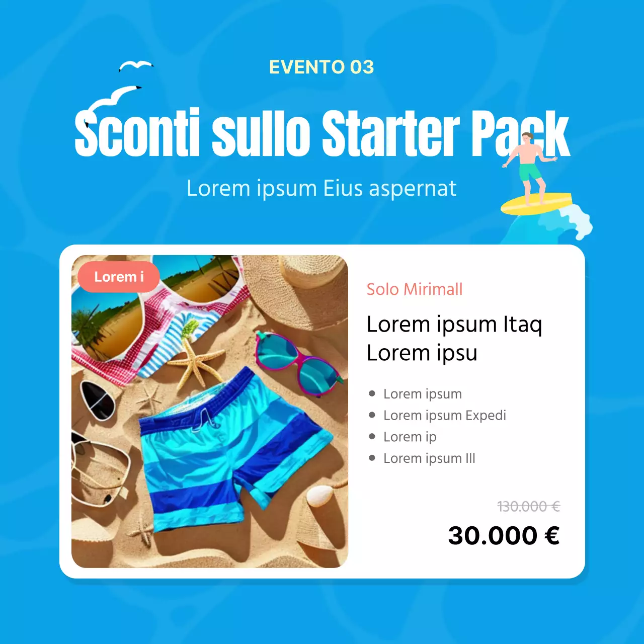 Promuovere un evento di saldi estivi tropicali in blu e giallo