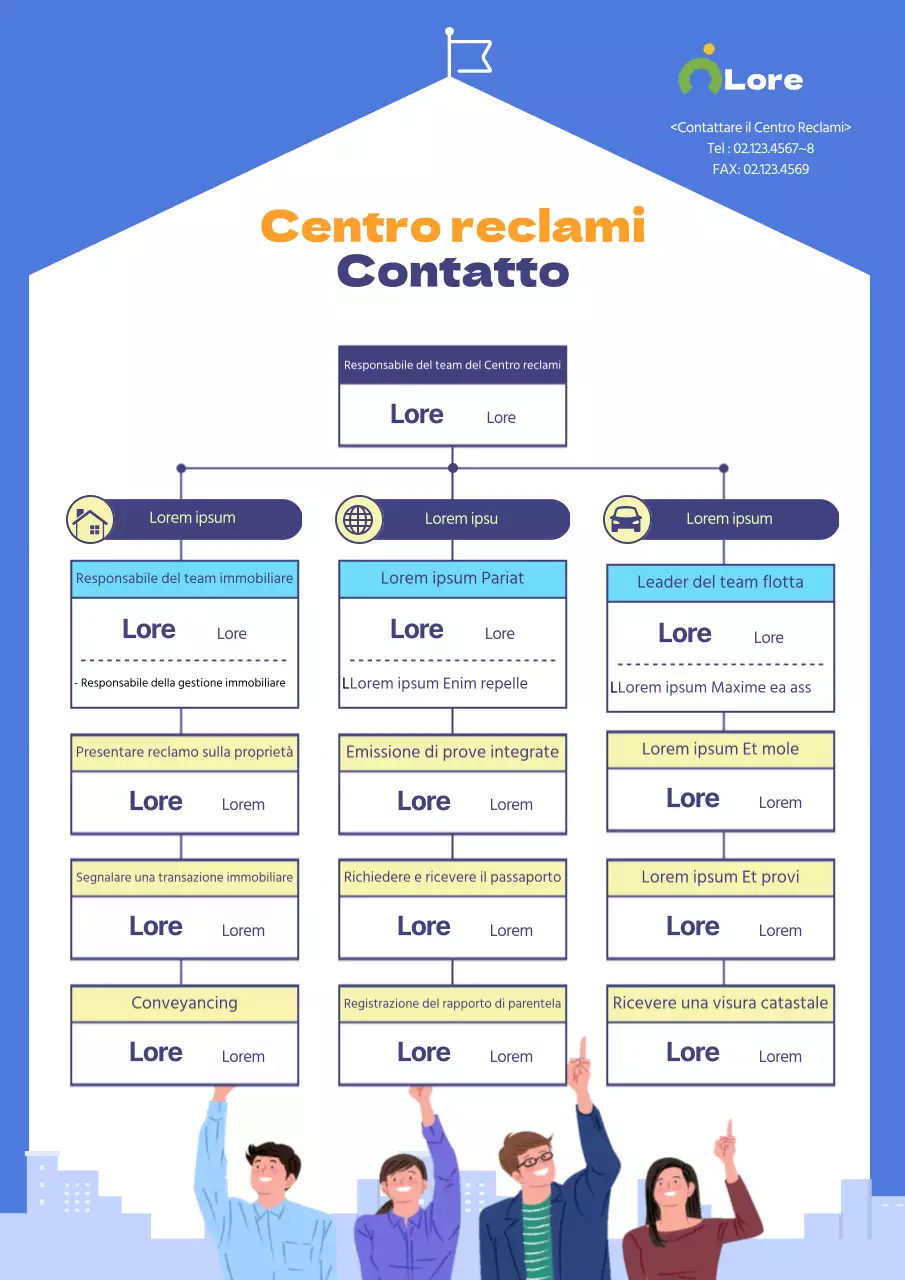 Illustrazione blu, pulita, di un rappresentante del centro reclami