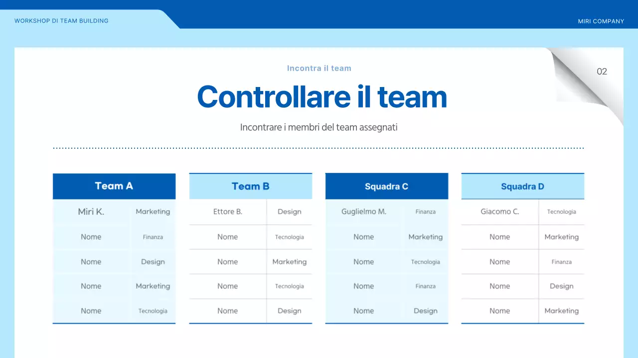 Laboratorio di team building che evidenzia le illustrazioni in blu e giallo