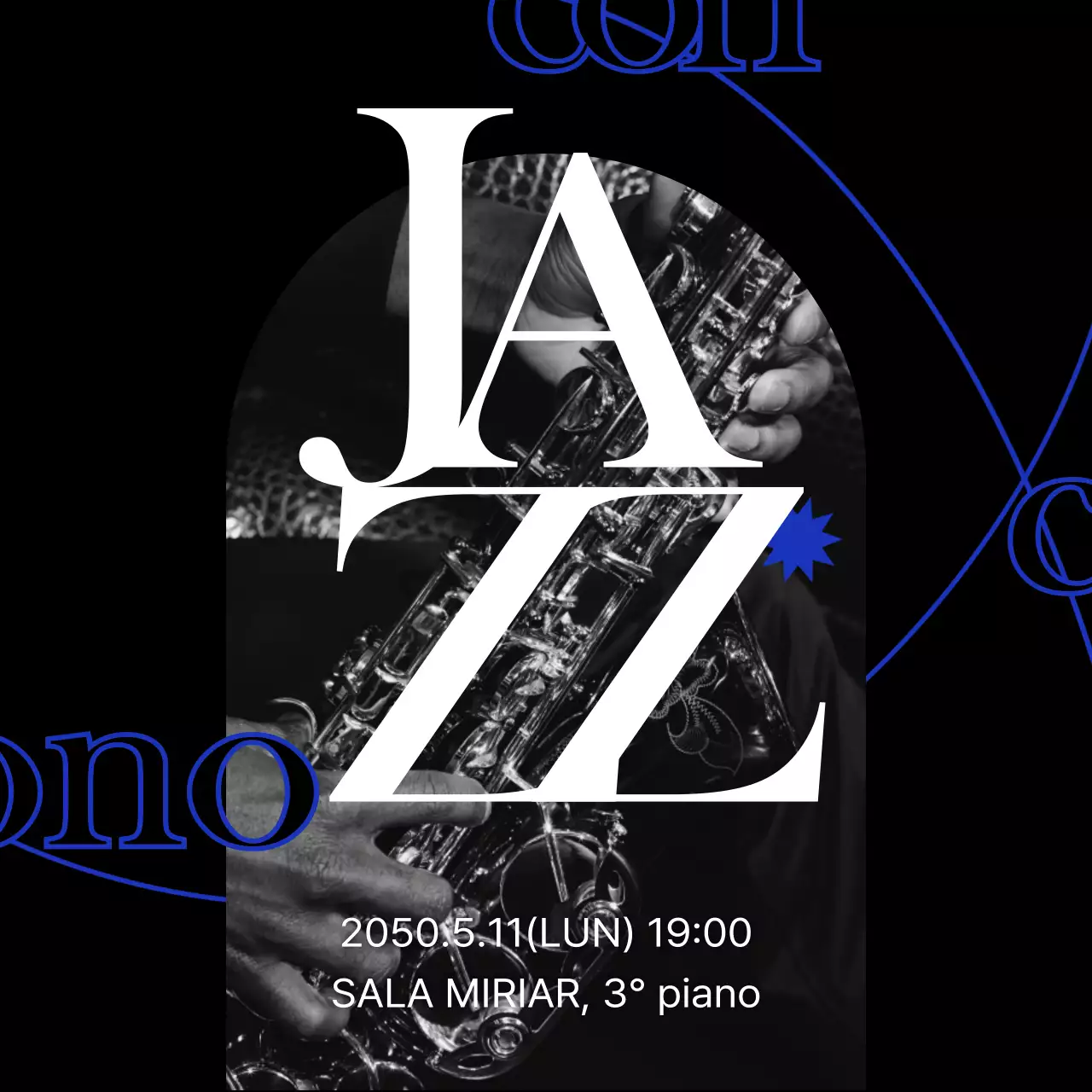 Una semplice pubblicità di un concerto jazz in nero e blu