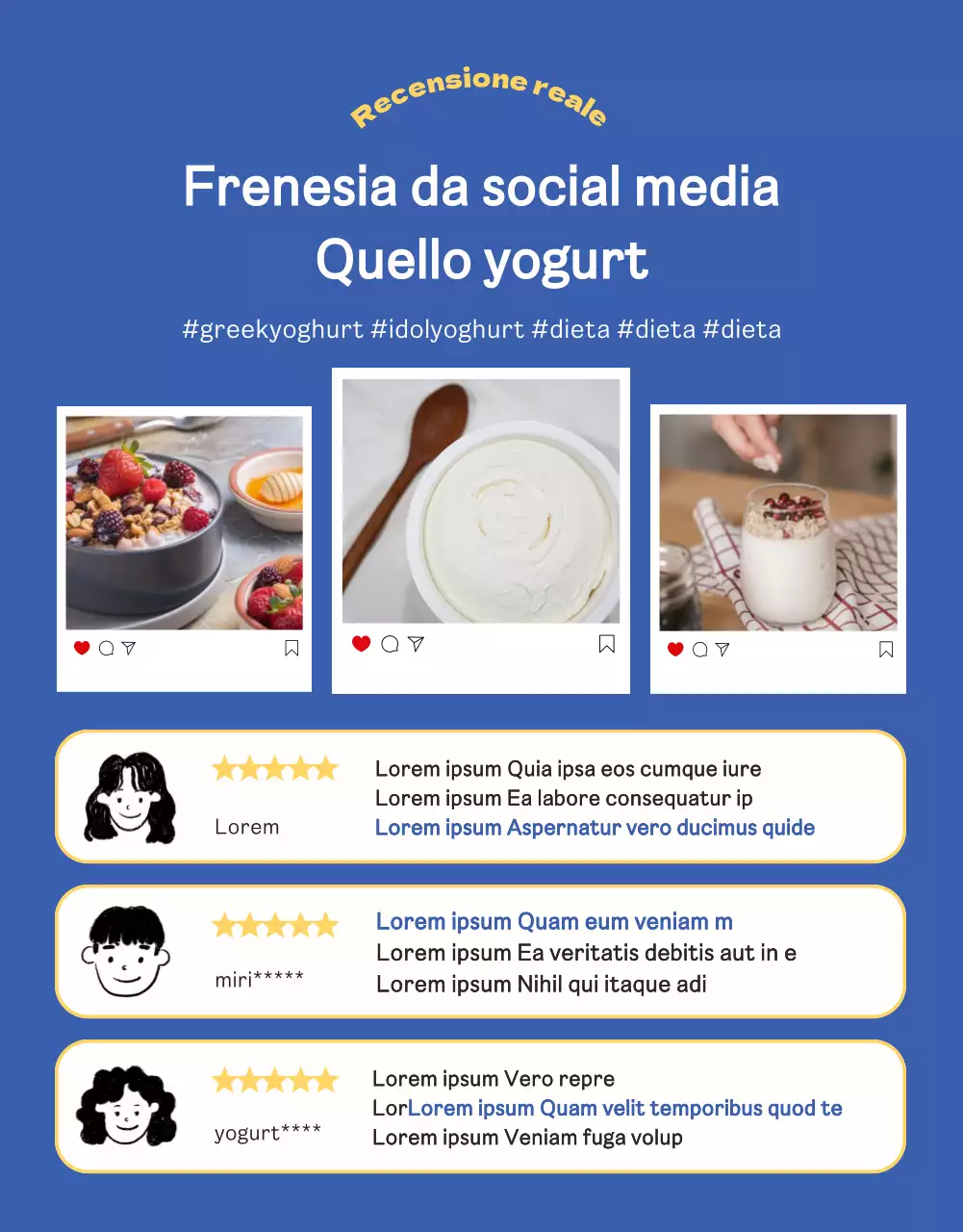Pagina di dettaglio yogurt greco blu giallo vivido e pulito