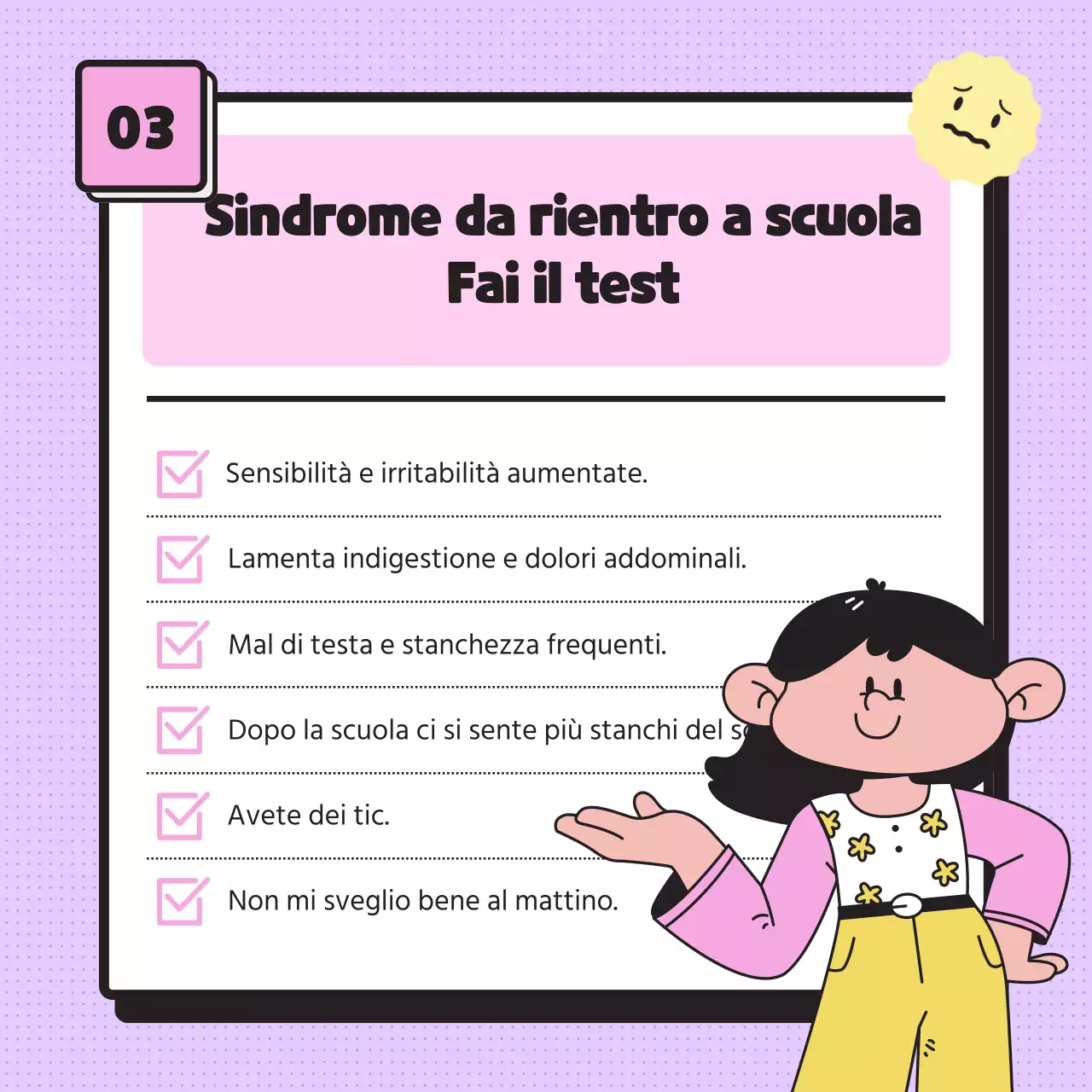 Fornire informazioni sulla sindrome del nuovo semestre utilizzando semplici illustrazioni dai toni pastello ed emoticon