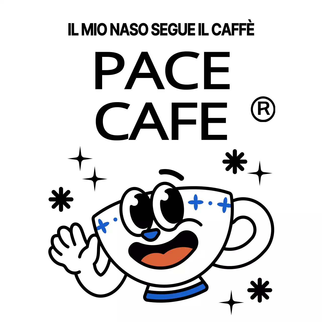 Carattere carino e alla moda della tazza di caffè e combinazione di testo in nero e blu Stile logo per la promozione del caffè e la promozione